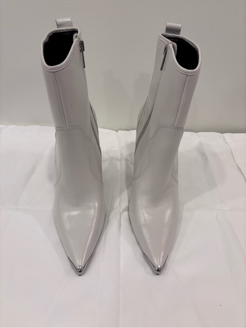 Women’s White Pointed Toe Ankle Boots with Silver Cap